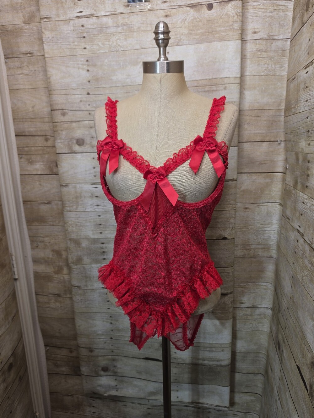 Shirley of Hollywood Red Lace Open-Cup Teddy with Satin Bows